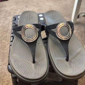 CROCS Black Thong Sandals with Silver Accent